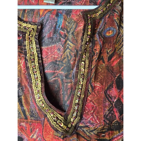 Chicos Red Boho V-Neck Beaded Tunic Top Size 2 Multicolor Lightweight 100% Rayon - Picture 3 of 5